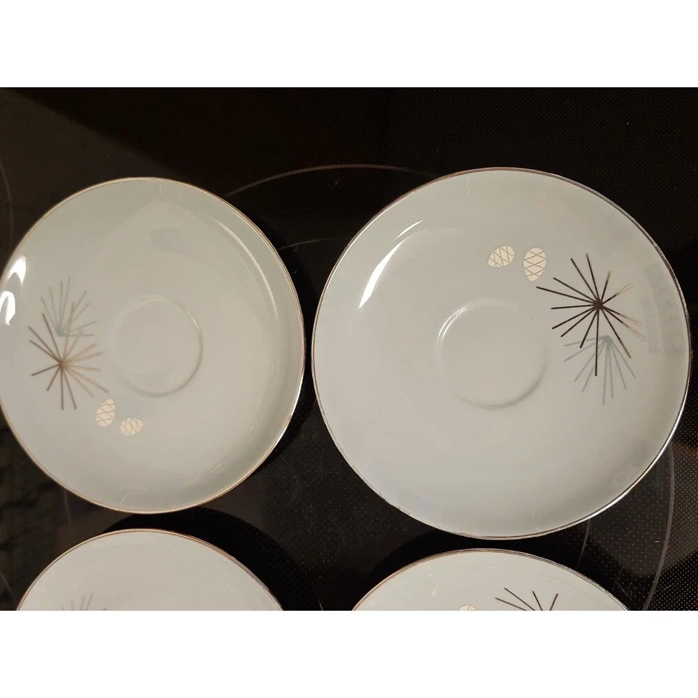 Set Of 4 Vintage MCM Franciscan Silver Pine Tea Cup & Saucer Sets Very Nice